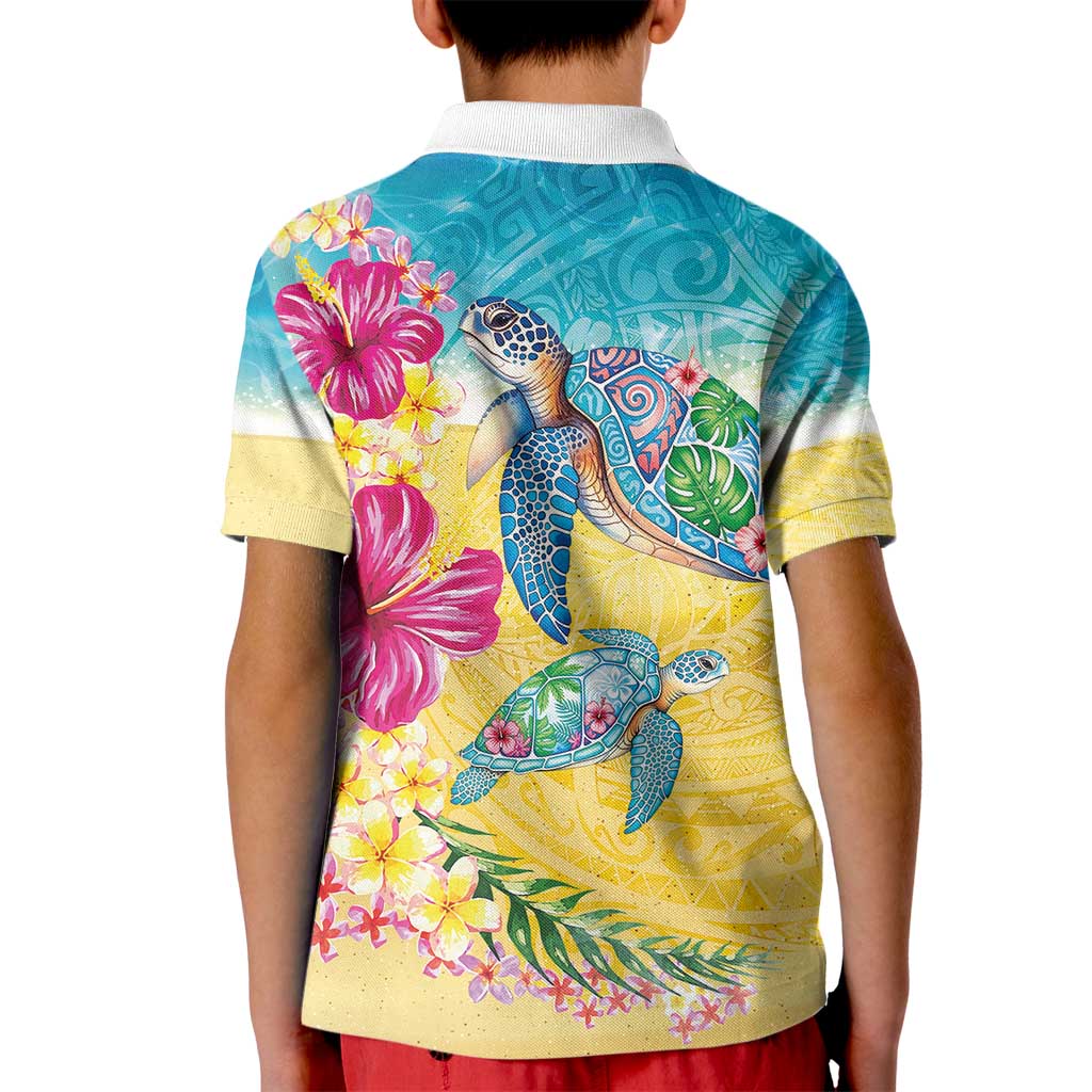 Hawaiian Tropical Plants Turtles Kid Polo Shirt Watercolor Style - Polynesian Pride