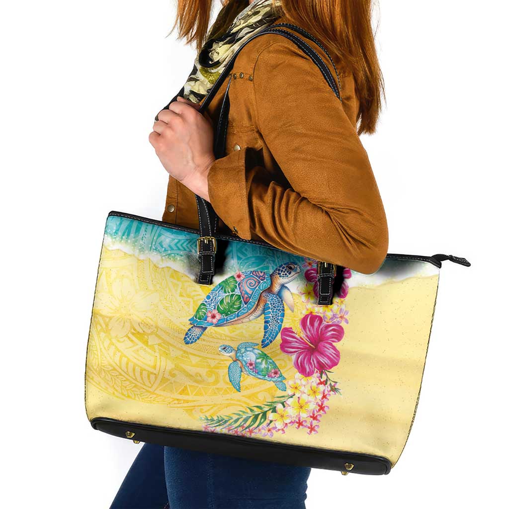 Hawaiian Tropical Plants Turtles Leather Tote Bag Watercolor Style - Polynesian Pride