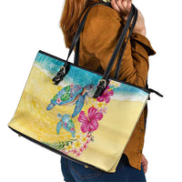 Hawaiian Tropical Plants Turtles Leather Tote Bag Watercolor Style - Polynesian Pride
