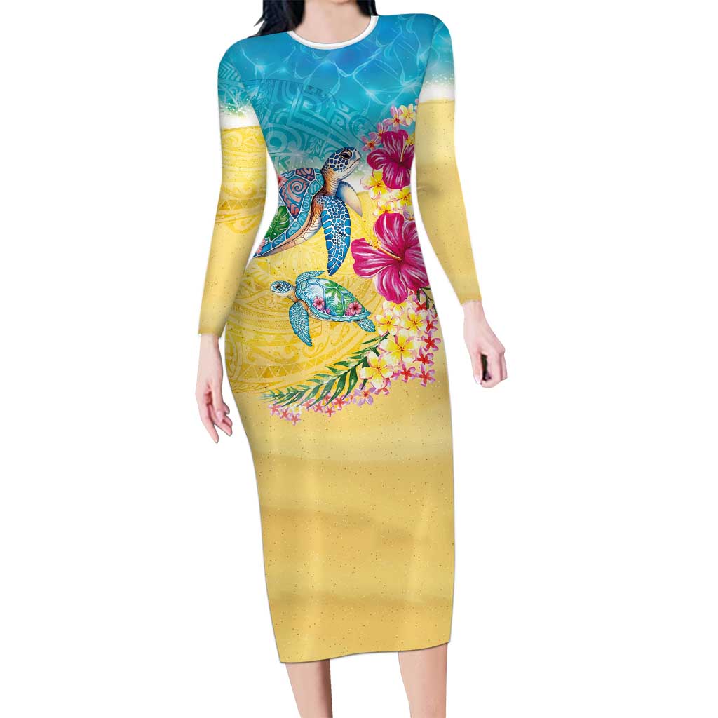 Hawaiian Tropical Plants Turtles Long Sleeve Bodycon Dress Watercolor Style - Polynesian Pride