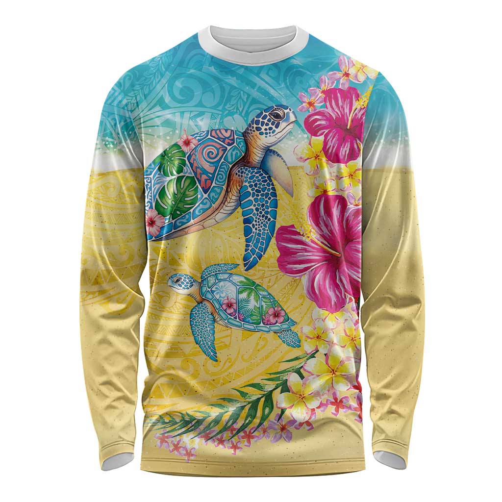 Hawaiian Tropical Plants Turtles Long Sleeve Shirt Watercolor Style - Polynesian Pride