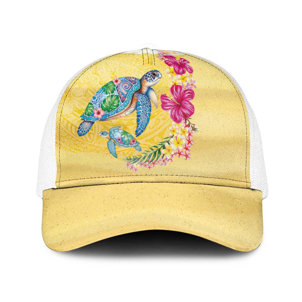 Hawaiian Tropical Plants Turtles Mesh Trucker Cap Watercolor Style - Polynesian Pride