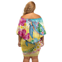 Hawaiian Tropical Plants Turtles Off Shoulder Short Dress Watercolor Style - Polynesian Pride