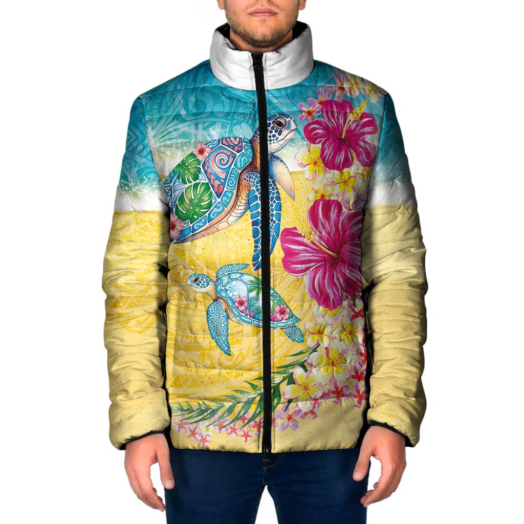 Hawaiian Tropical Plants Turtles Padded Jacket Watercolor Style - Polynesian Pride