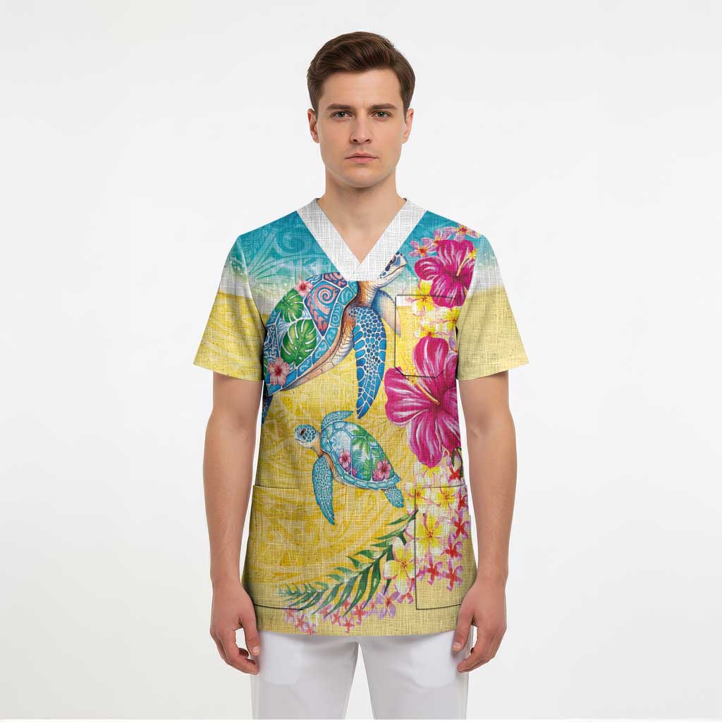 Hawaiian Tropical Plants Turtles Scrub Top Watercolor Style - Polynesian Pride