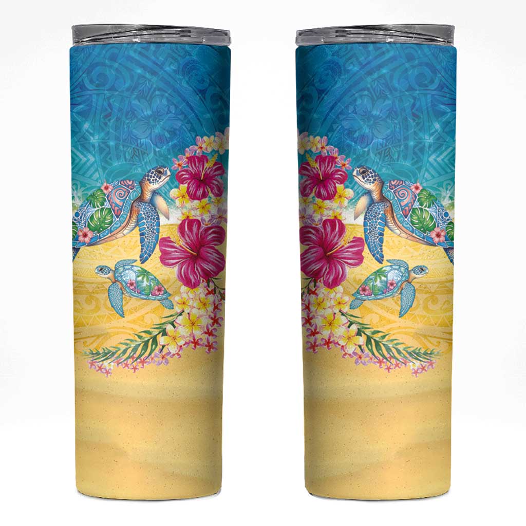 Hawaiian Tropical Plants Turtles Skinny Tumbler Watercolor Style - Polynesian Pride