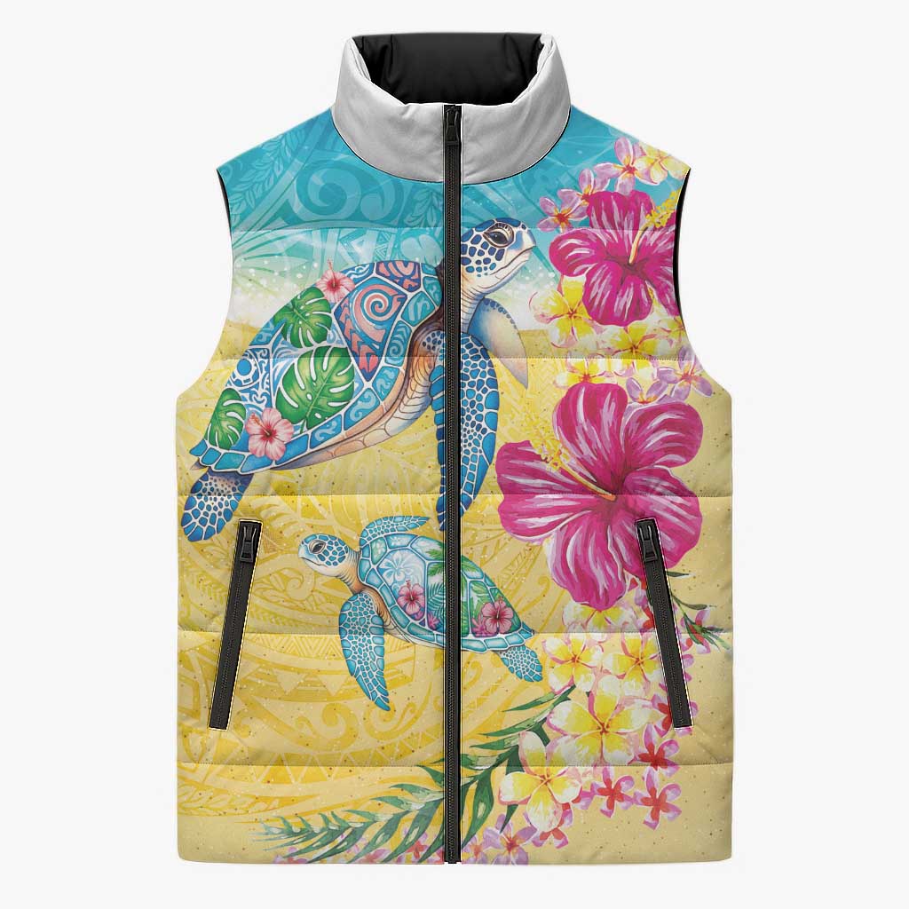 Hawaiian Tropical Plants Turtles Sleeveless Puffer Jacket Watercolor Style - Polynesian Pride