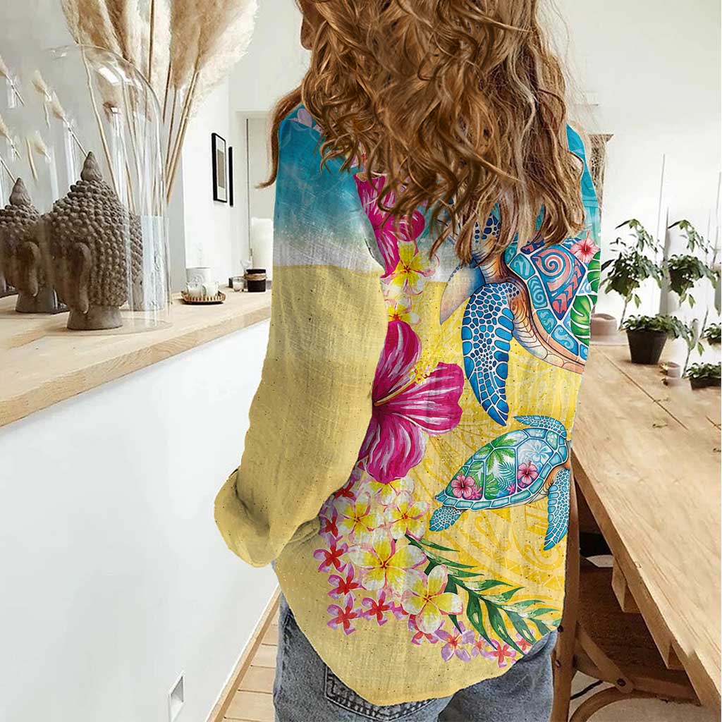 Hawaiian Tropical Plants Turtles Women Casual Shirt Watercolor Style - Polynesian Pride