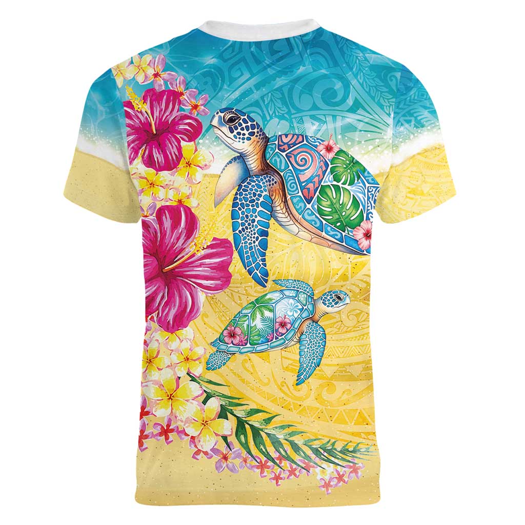 Hawaiian Tropical Plants Turtles Women V-Neck T-Shirt Watercolor Style - Polynesian Pride