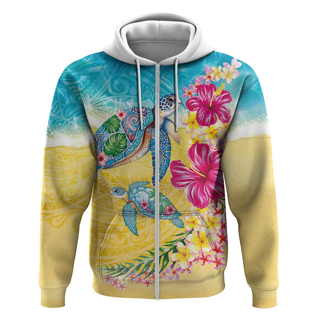 Hawaiian Tropical Plants Turtles Zip Hoodie Watercolor Style - Polynesian Pride