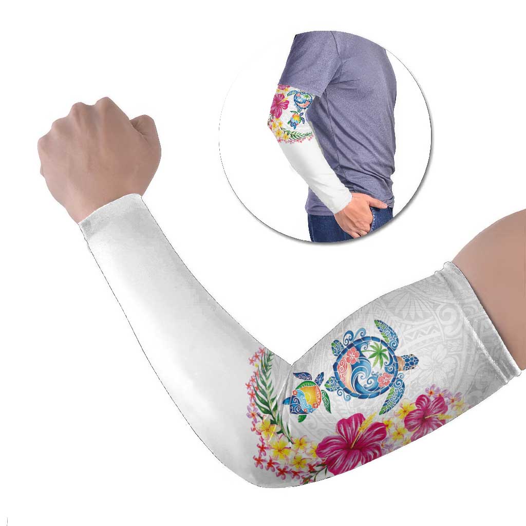 Hawaiian Abstract Art Turtles Arm Sleeves with Plumeria and Hibiscus LT03 Set of 2 White - Polynesian Pride
