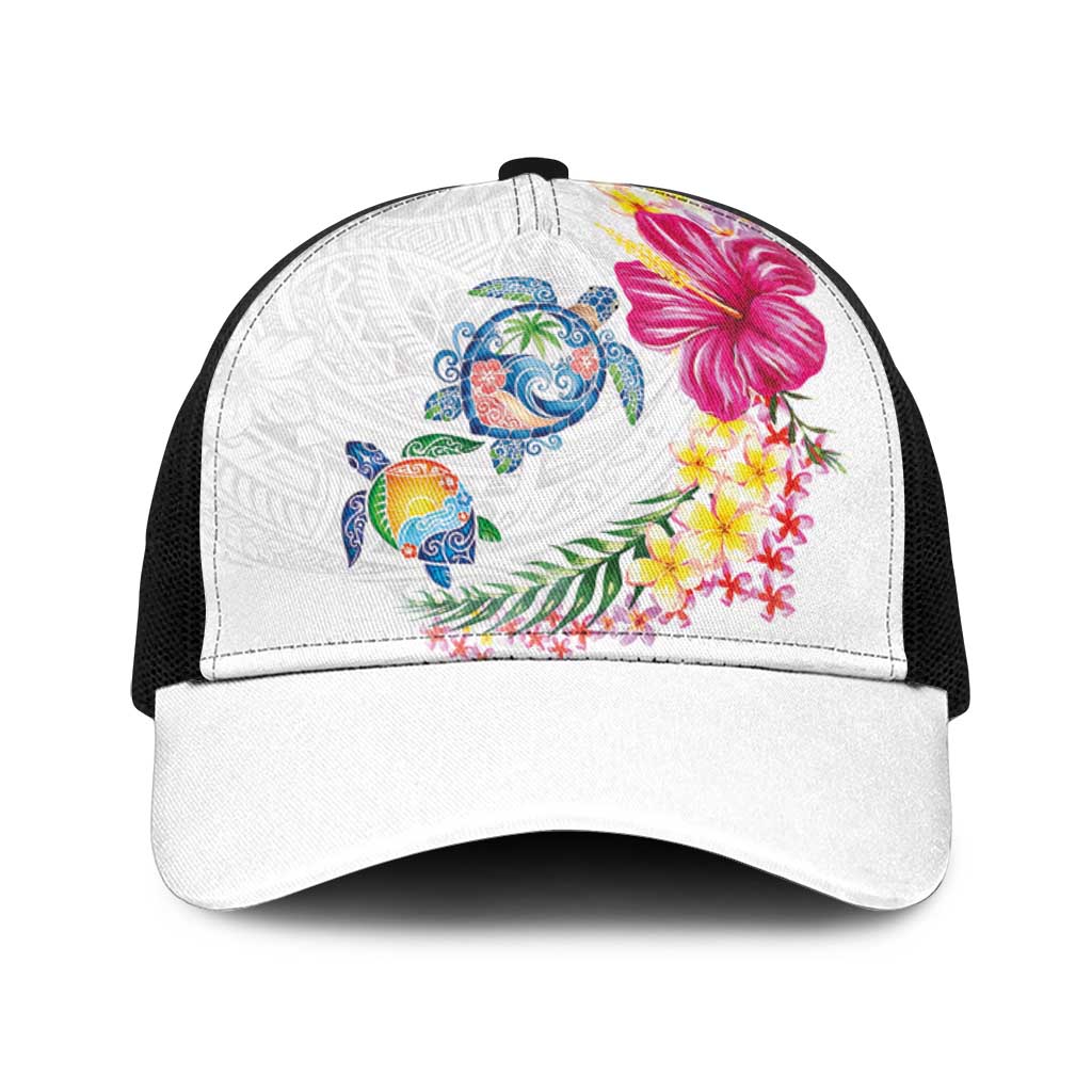 Hawaiian Abstract Art Turtles Baseball Net Cap with Plumeria and Hibiscus - Polynesian Pride