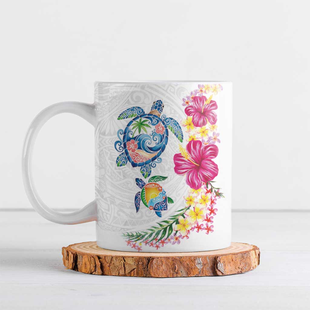 Hawaiian Abstract Art Turtles Ceramic Mug with Plumeria and Hibiscus LT03 White - Polynesian Pride