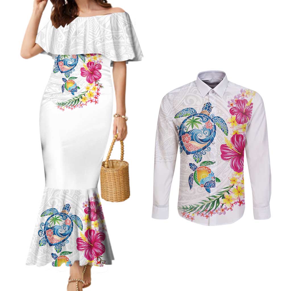 Hawaiian Abstract Art Turtles Couples Matching Mermaid Dress and Long Sleeve Button Shirt with Plumeria and Hibiscus - Polynesian Pride