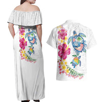 Hawaiian Abstract Art Turtles Couples Matching Off Shoulder Maxi Dress and Hawaiian Shirt with Plumeria and Hibiscus - Polynesian Pride