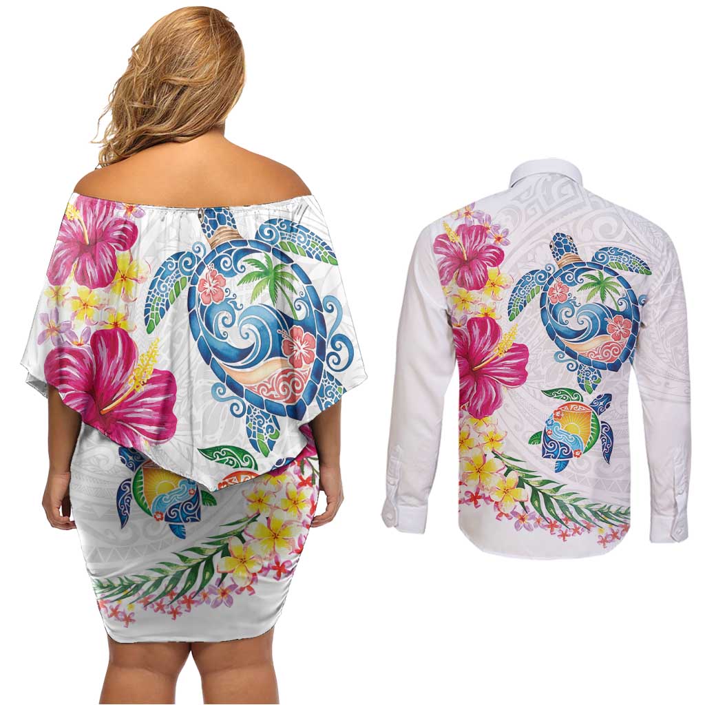 Hawaiian Abstract Art Turtles Couples Matching Off Shoulder Short Dress and Long Sleeve Button Shirt with Plumeria and Hibiscus - Polynesian Pride