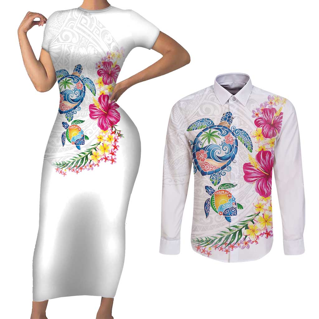 Hawaiian Abstract Art Turtles Couples Matching Short Sleeve Bodycon Dress and Long Sleeve Button Shirt with Plumeria and Hibiscus - Polynesian Pride