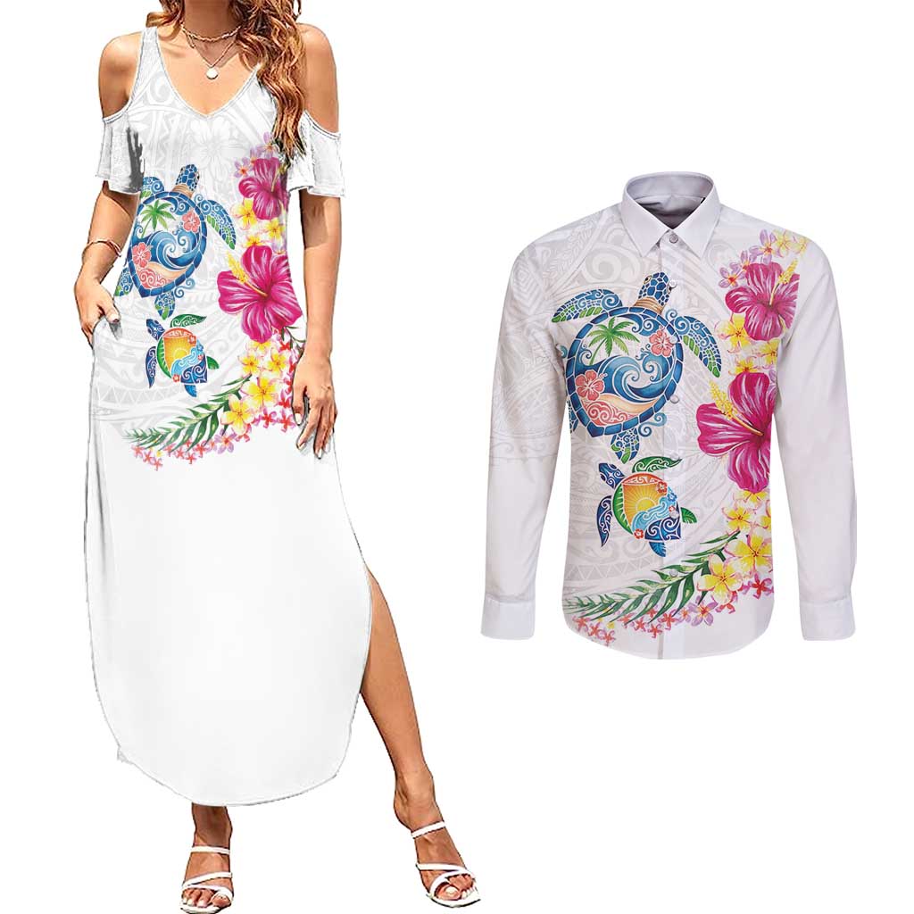 Hawaiian Abstract Art Turtles Couples Matching Summer Maxi Dress and Long Sleeve Button Shirt with Plumeria and Hibiscus - Polynesian Pride