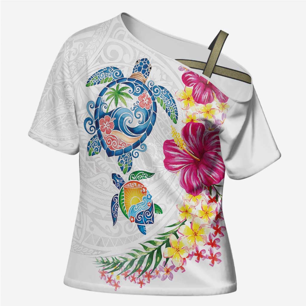 Hawaiian Abstract Art Turtles Cross Shoulder Shirt with Plumeria and Hibiscus - Polynesian Pride