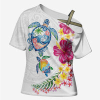 Hawaiian Abstract Art Turtles Cross Shoulder Shirt with Plumeria and Hibiscus - Polynesian Pride