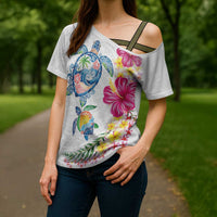 Hawaiian Abstract Art Turtles Cross Shoulder Shirt with Plumeria and Hibiscus - Polynesian Pride