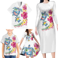 Hawaiian Abstract Art Turtles Family Matching Long Sleeve Bodycon Dress and Hawaiian Shirt with Plumeria and Hibiscus - Polynesian Pride