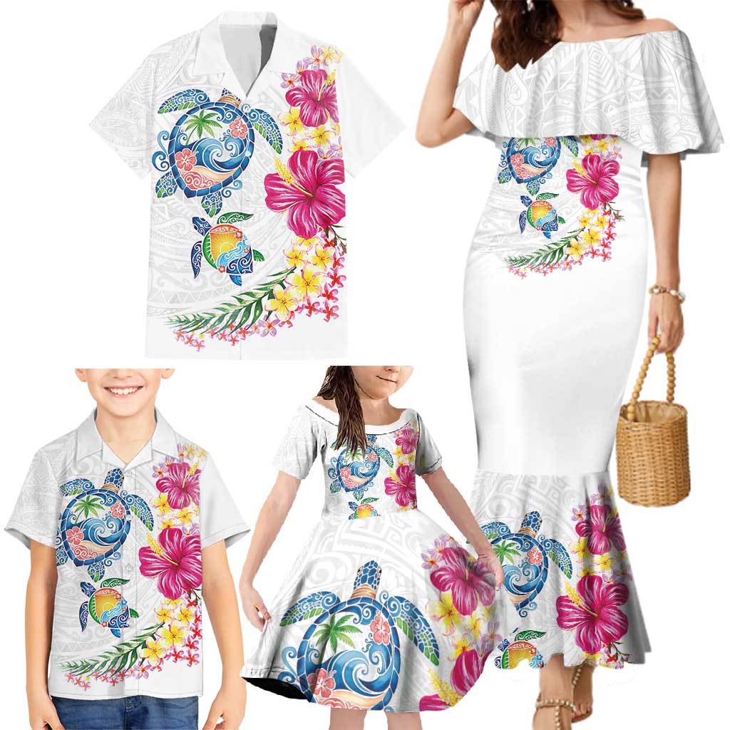 Hawaiian Abstract Art Turtles Family Matching Mermaid Dress and Hawaiian Shirt with Plumeria and Hibiscus - Polynesian Pride