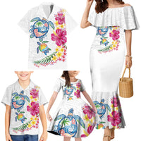 Hawaiian Abstract Art Turtles Family Matching Mermaid Dress and Hawaiian Shirt with Plumeria and Hibiscus - Polynesian Pride