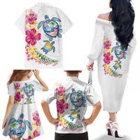 Hawaiian Abstract Art Turtles Family Matching Off The Shoulder Long Sleeve Dress and Hawaiian Shirt with Plumeria and Hibiscus - Polynesian Pride