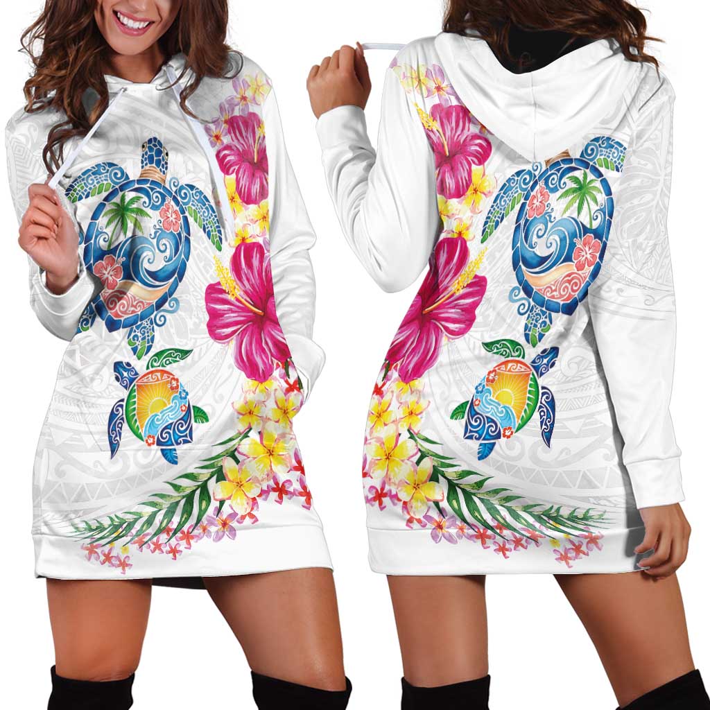 Hawaiian Abstract Art Turtles Hoodie Dress with Plumeria and Hibiscus - Polynesian Pride