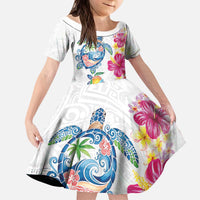 Hawaiian Abstract Art Turtles Kid Short Sleeve Dress with Plumeria and Hibiscus - Polynesian Pride