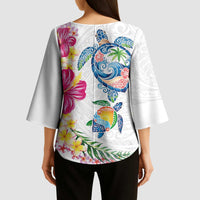 Hawaiian Abstract Art Turtles Kimono Sleeve Blouse with Plumeria and Hibiscus - Polynesian Pride