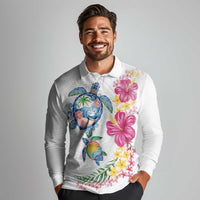 Hawaiian Abstract Art Turtles Long Sleeve Polo Shirt with Plumeria and Hibiscus - Polynesian Pride