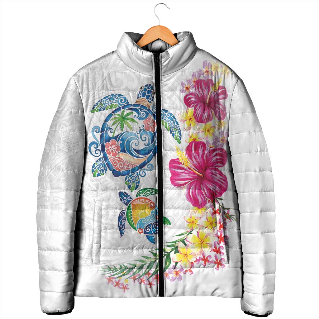 Hawaiian Abstract Art Turtles Padded Jacket with Plumeria and Hibiscus - Polynesian Pride