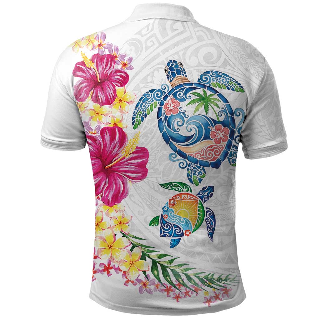 Hawaiian Abstract Art Turtles Polo Shirt with Plumeria and Hibiscus - Polynesian Pride