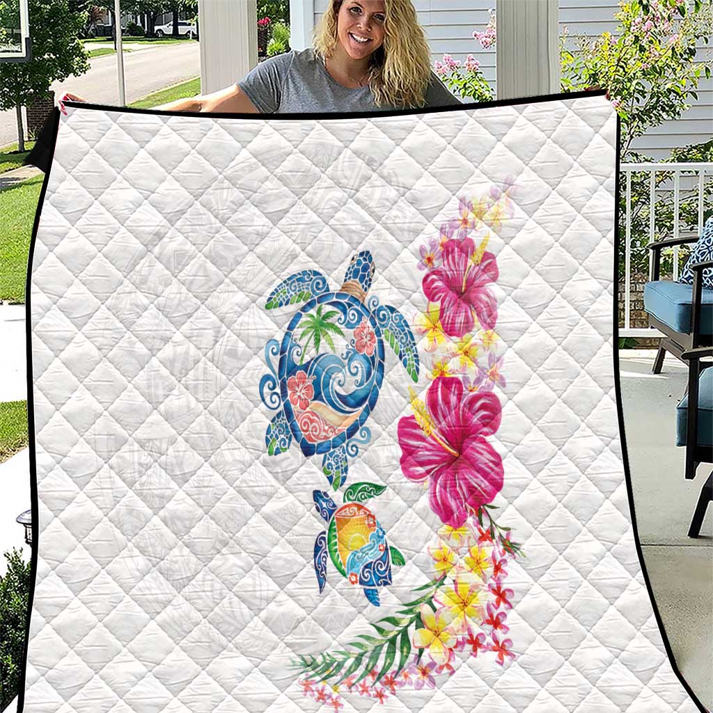 Hawaiian Abstract Art Turtles Quilt with Plumeria and Hibiscus LT03 White - Polynesian Pride