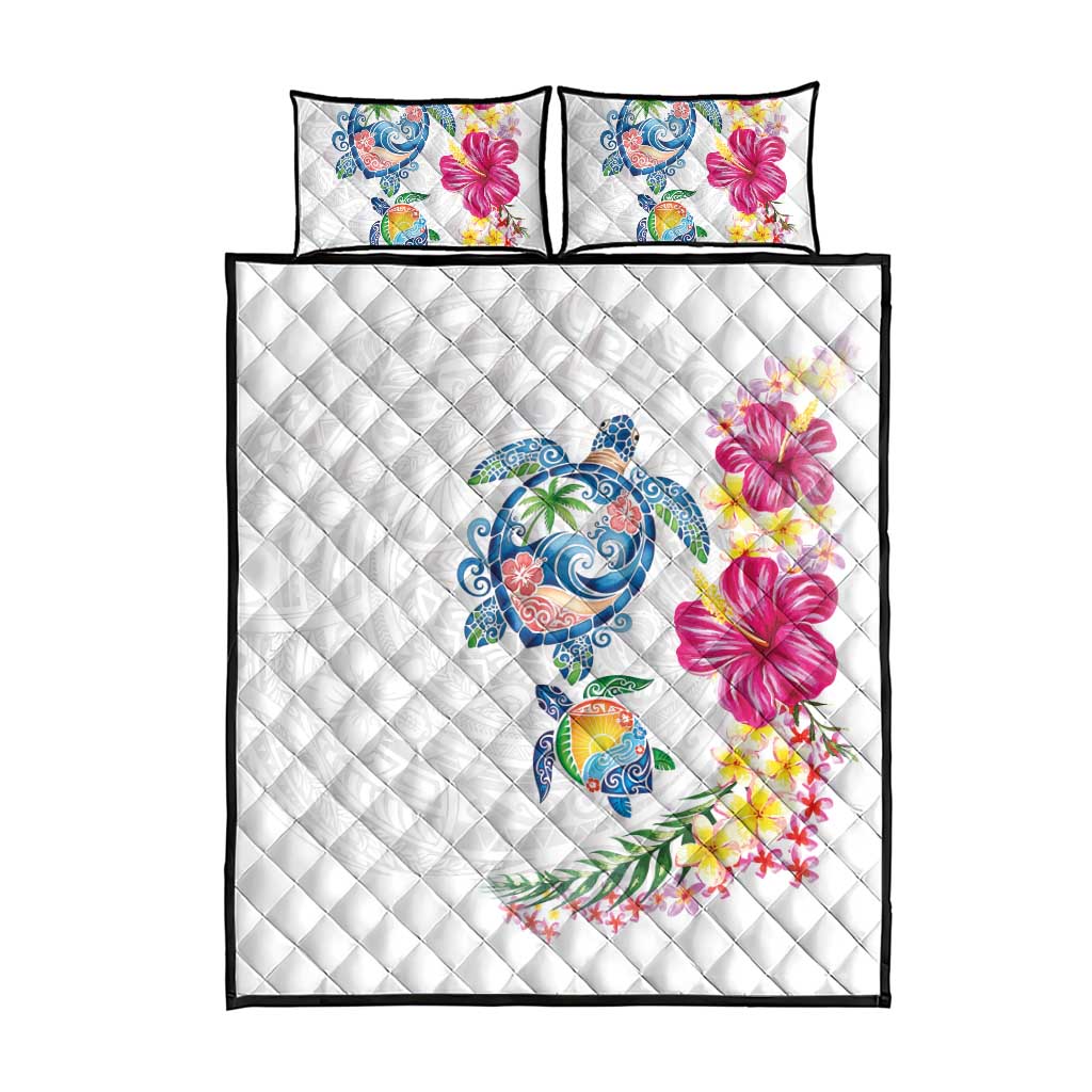 Hawaiian Abstract Art Turtles Quilt Bed Set with Plumeria and Hibiscus - Polynesian Pride
