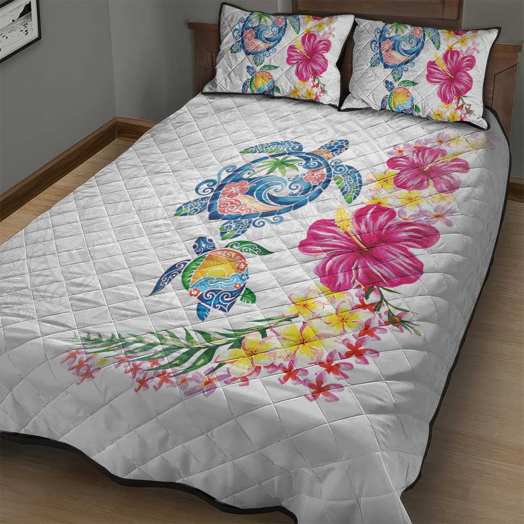Hawaiian Abstract Art Turtles Quilt Bed Set with Plumeria and Hibiscus - Polynesian Pride