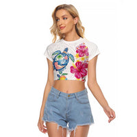 Hawaiian Abstract Art Turtles Raglan Cropped T Shirt with Plumeria and Hibiscus - Polynesian Pride