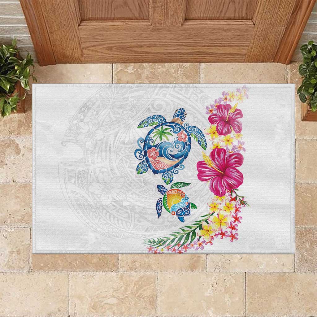 Hawaiian Abstract Art Turtles Rubber Doormat with Plumeria and Hibiscus - Polynesian Pride