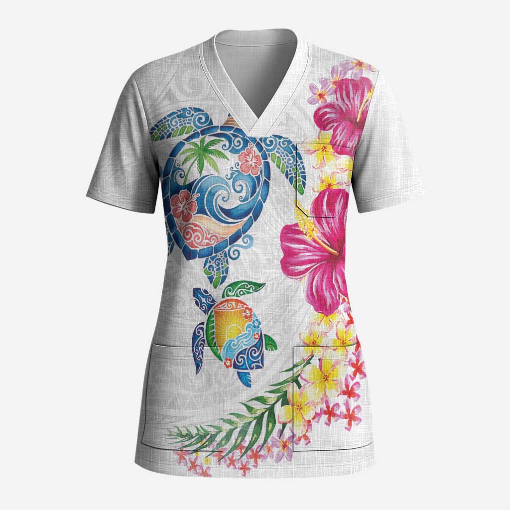 Hawaiian Abstract Art Turtles Scrub Top with Plumeria and Hibiscus LT03 Adult White - Polynesian Pride