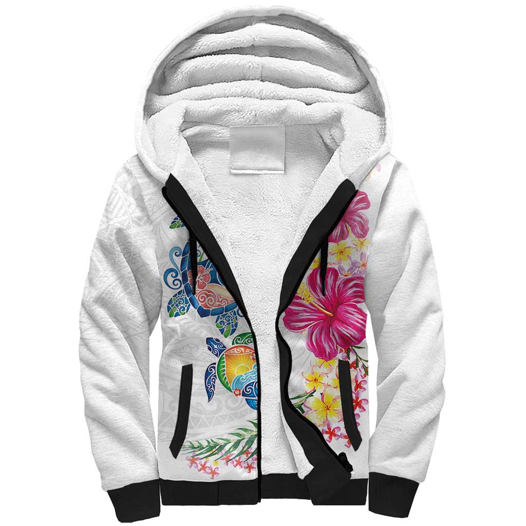 Hawaiian Abstract Art Turtles Sherpa Hoodie with Plumeria and Hibiscus LT03 Unisex White - Polynesian Pride