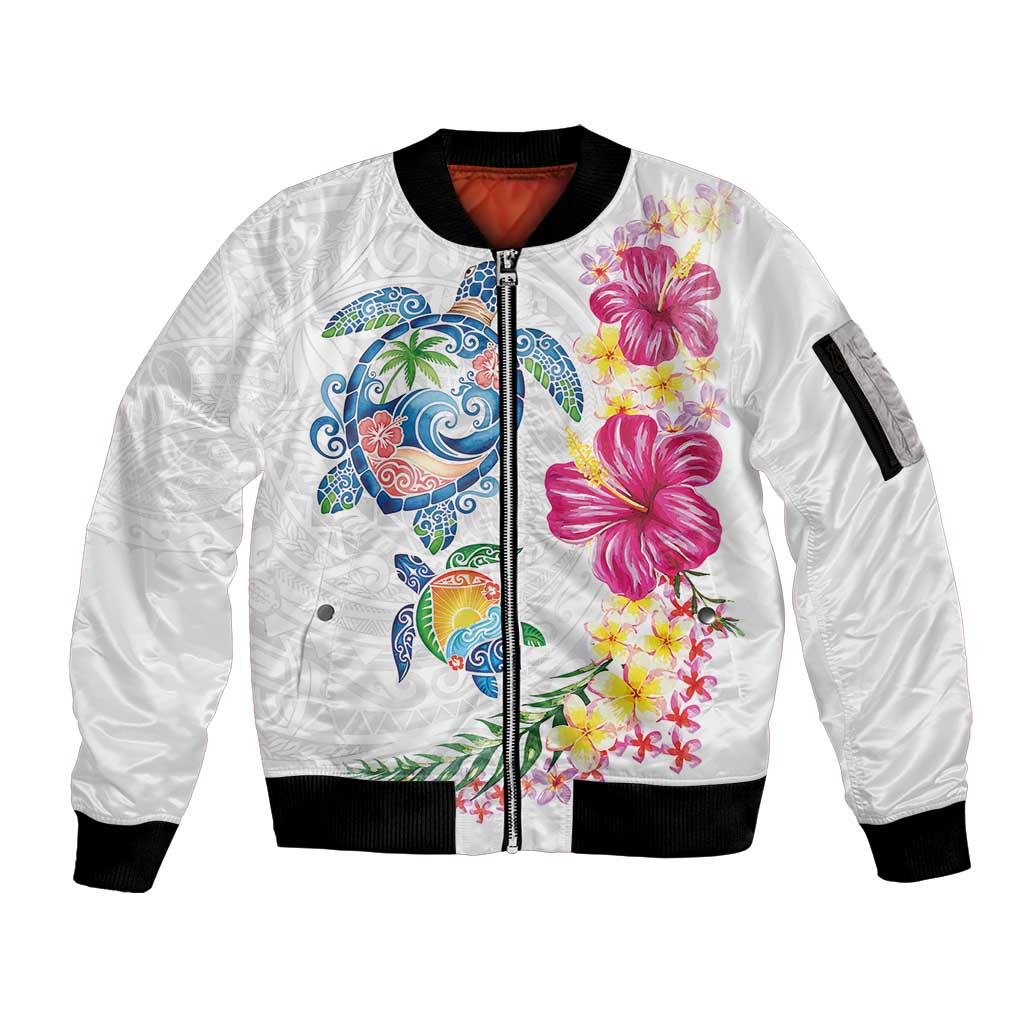 Hawaiian Abstract Art Turtles Sleeve Zip Bomber Jacket with Plumeria and Hibiscus - Polynesian Pride