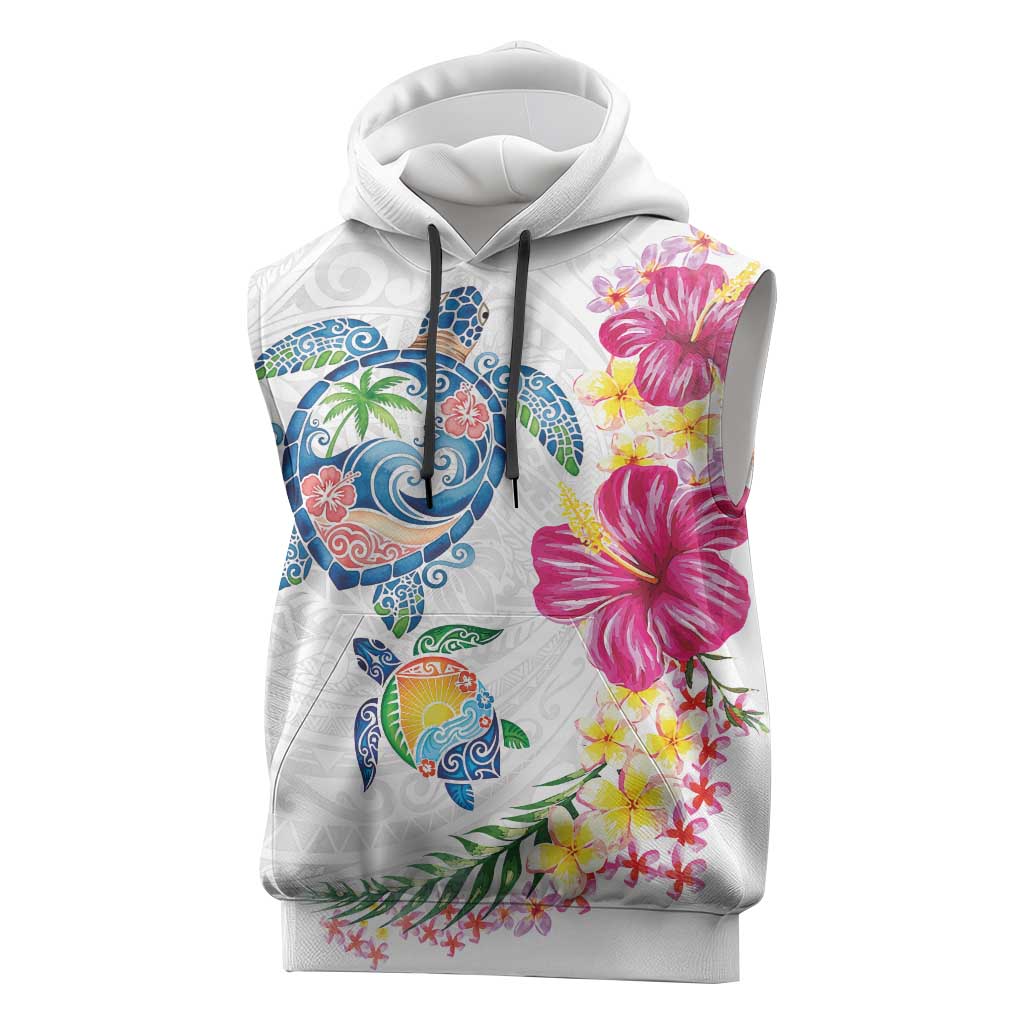 Hawaiian Abstract Art Turtles Sleeveless Hoodie with Plumeria and Hibiscus LT03 White - Polynesian Pride