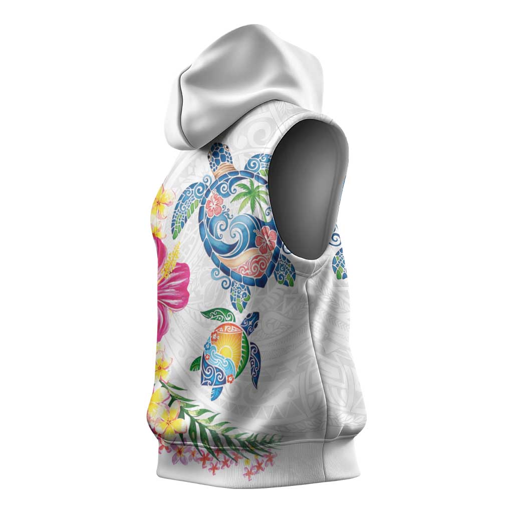 Hawaiian Abstract Art Turtles Sleeveless Hoodie with Plumeria and Hibiscus - Polynesian Pride