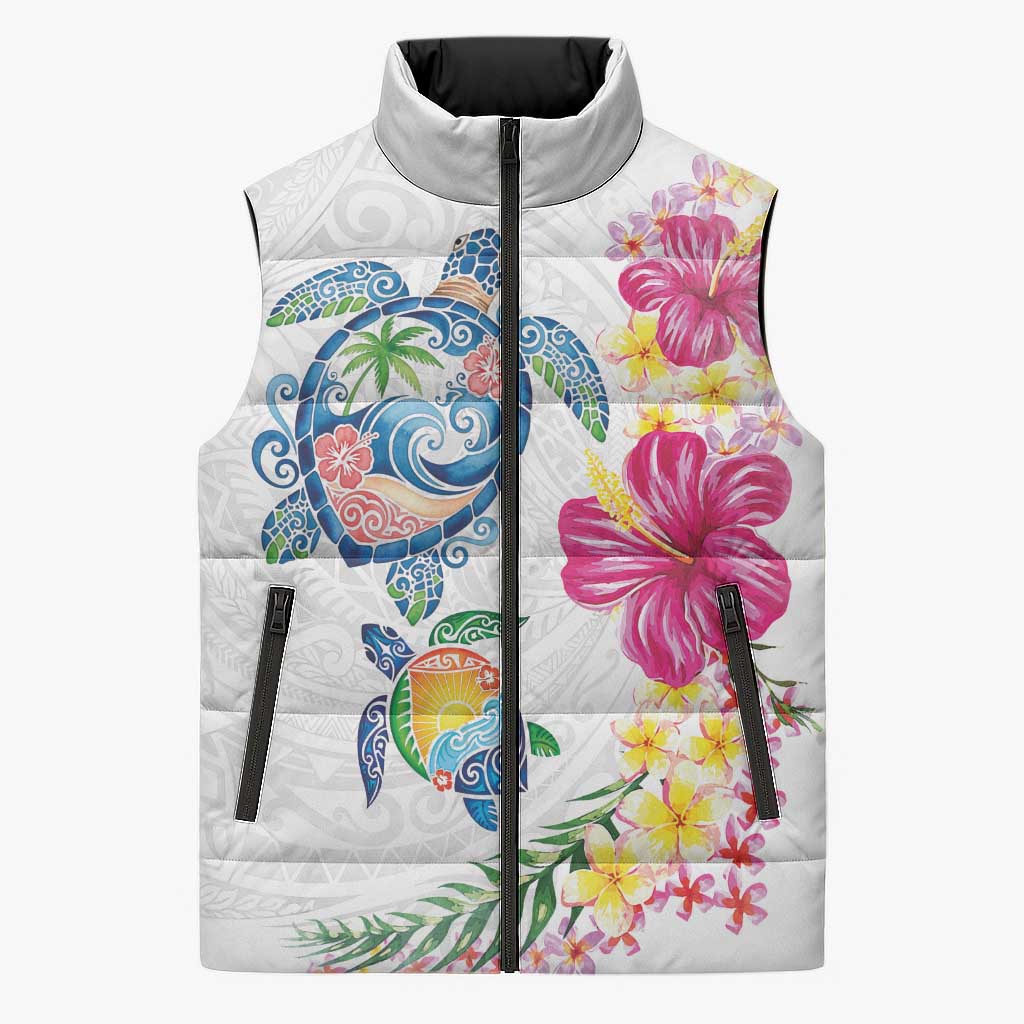 Hawaiian Abstract Art Turtles Sleeveless Puffer Jacket with Plumeria and Hibiscus - Polynesian Pride