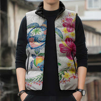 Hawaiian Abstract Art Turtles Sleeveless Puffer Jacket with Plumeria and Hibiscus - Polynesian Pride