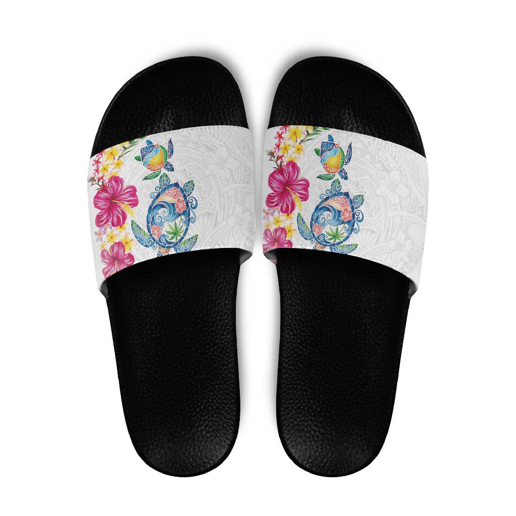 Hawaiian Abstract Art Turtles Slide Sandals with Plumeria and Hibiscus LT03 White - Polynesian Pride