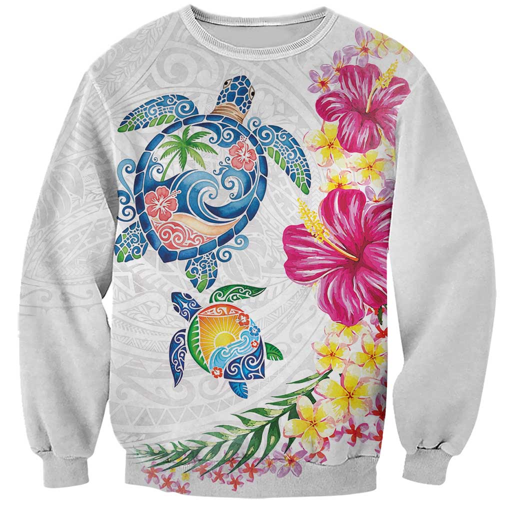 Hawaiian Abstract Art Turtles Sweatshirt with Plumeria and Hibiscus - Polynesian Pride
