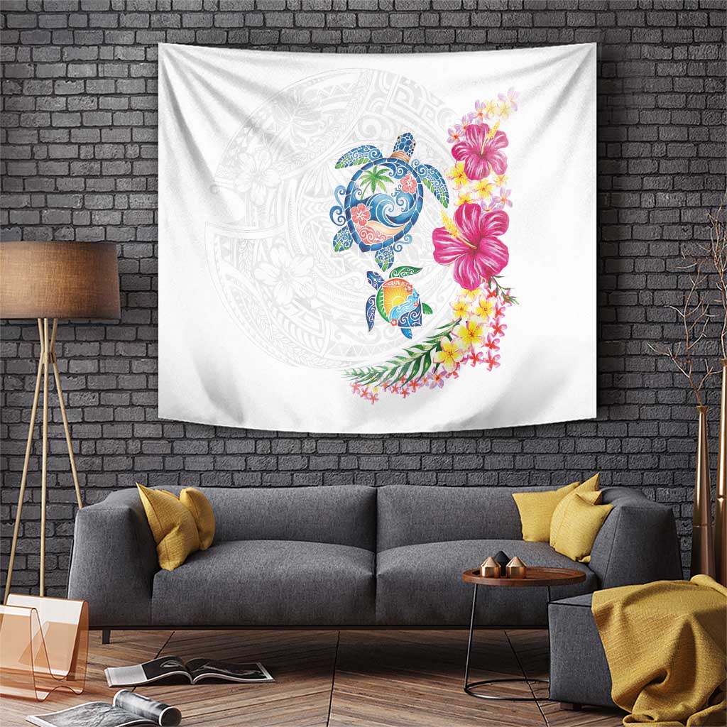 Hawaiian Abstract Art Turtles Tapestry with Plumeria and Hibiscus LT03 White - Polynesian Pride